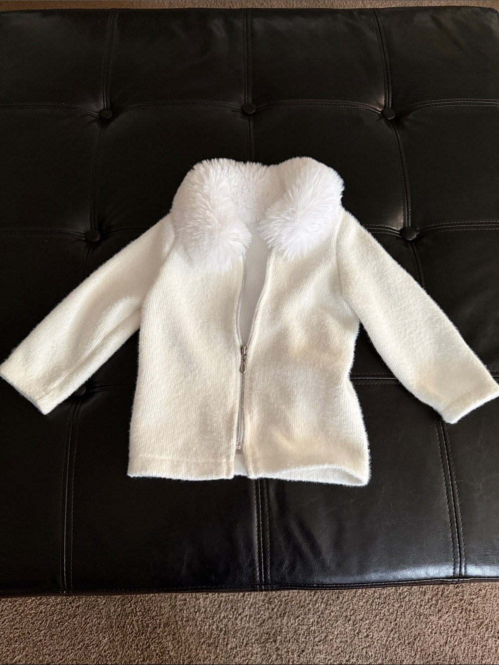 Cozy White Faux-Fur Collar Kids Zip Sweater